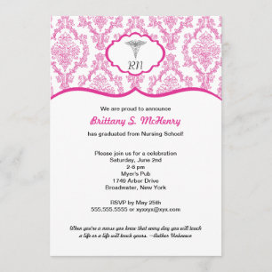 RN BSN Damask Fuchsia Nursing Student Graduation Invitation