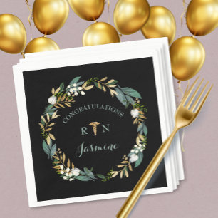 RN graduation greenery wreath + gold caduceus Napkin