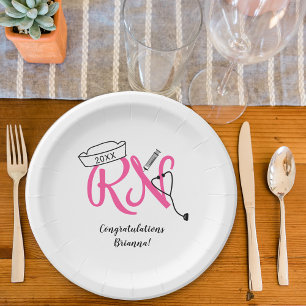 RN graduation party decor, hot pink silver Paper Plate