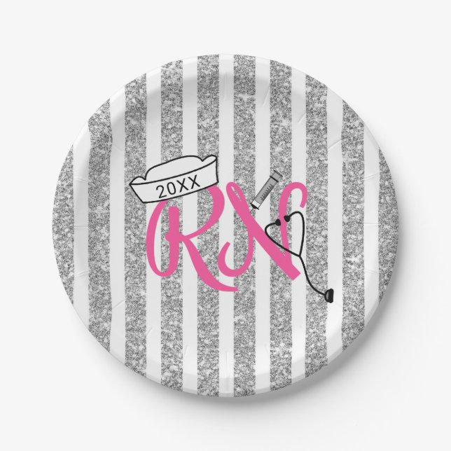 RN graduation party decor, pink silver glitter Paper Plate (Front)