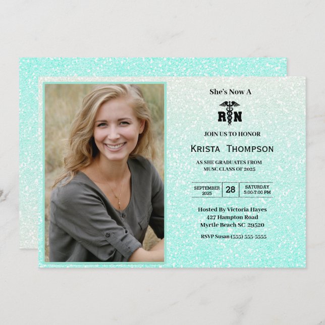    RN  Graduation Party Photo Mint Green Glitter  Invitation (Front/Back)