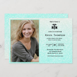 RN Graduation Party Photo Mint Green Glitter Invitation