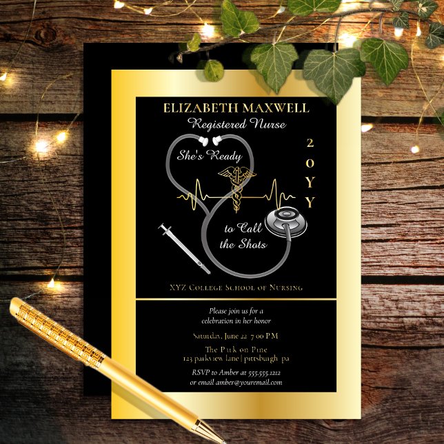 RN Graduation Party She's Ready to Call the Shots (RN | BSN Nursing "She's Ready To Call the Shots" EKG Caduceus Grad Announcement Party Foil  Invite)