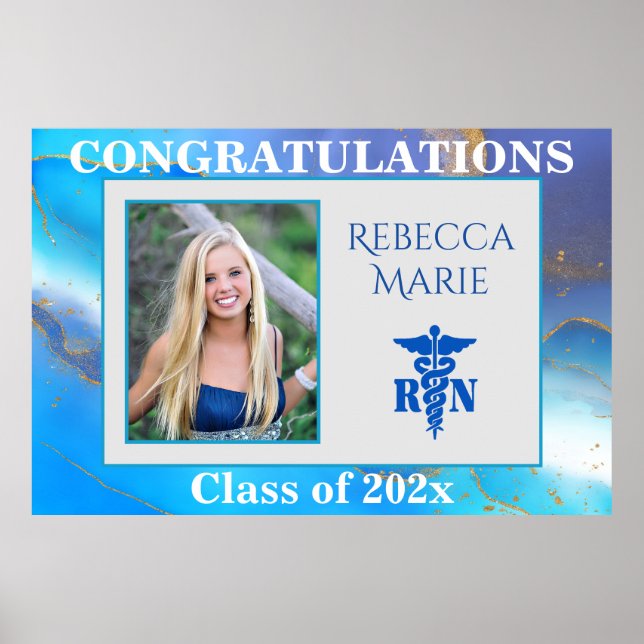 RN Graduation Photo Blue Purple Gold Poster (Front)