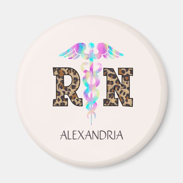 "RN" in Leopard Print- Colorful Medical Logo Magnet (Front)