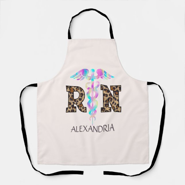 "RN" in Leopard Print- Colourful Medical Logo Apron (Front)