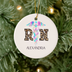 "RN" in Leopard Print- Colourful Medical Logo Ceramic Tree Decoration