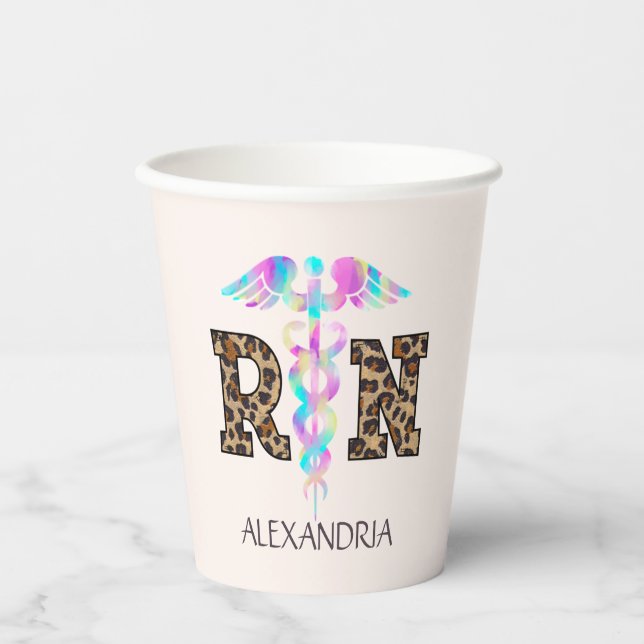 "RN" in Leopard Print- Colourful Medical Logo Paper Cups (Front)