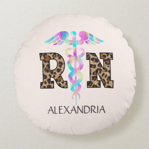 "RN" in Leopard Print- Colourful Medical Logo Round Cushion
