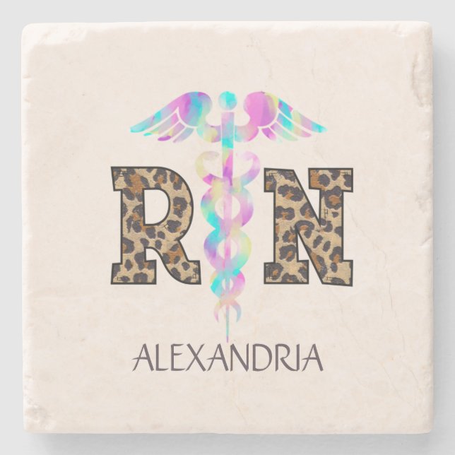 "RN" in Leopard Print- Colourful Medical Logo Stone Coaster (Front)