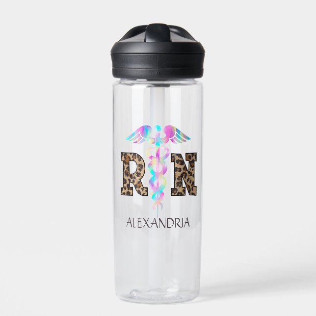 "RN" in Leopard Print- Colourful Medical Logo Water Bottle (Front)