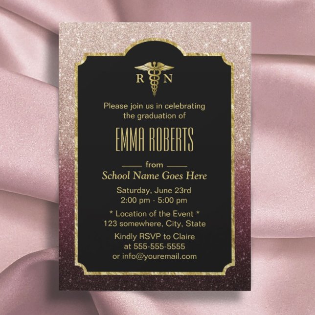 RN Nurse Graduation Modern Burgundy Rose Gold Invitation (Creator Uploaded)