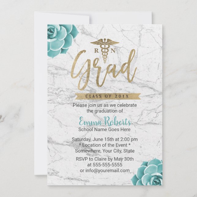 RN Nurse Graduation Party Floral White Marble Invitation (Front)