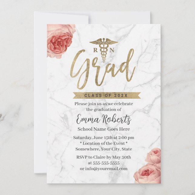 RN Nurse Graduation Party Floral White Marble Invitation (Front)
