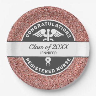 RN Nurse Graduation Rose Gold Glitter Personalised Paper Plate