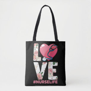 RN Nurse Life Flower Paramedic Stethoscope Heart Tote Bag