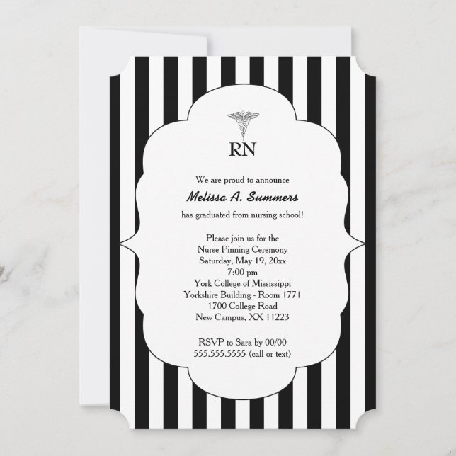 RN Nurse pinning ceremony invites black stripes (Front)