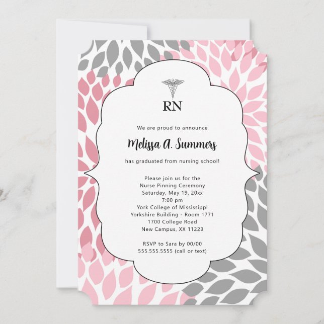 RN Nurse pinning ceremony invites pink grey floral (Front)