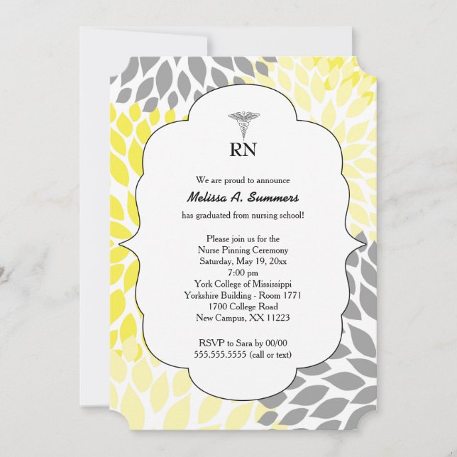 RN Nurse pinning ceremony invites yellow grey (Front)