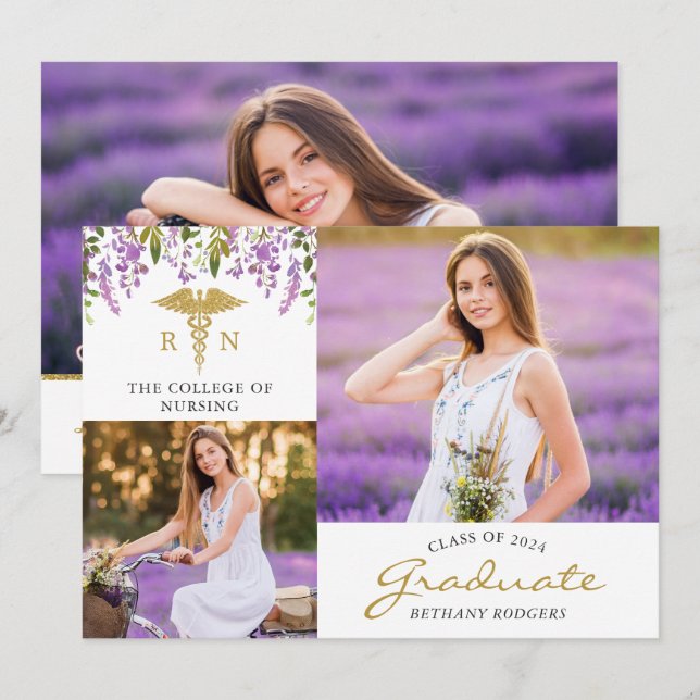 RN Nursing Floral Graduation 3 Photo Announcement (Front/Back)