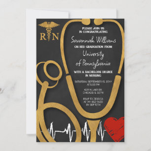 RN Nursing Graduation Celebration Black and gold Invitation