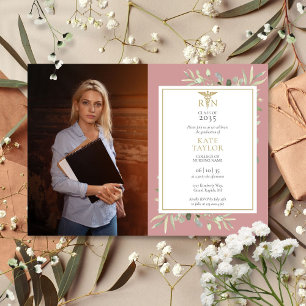 RN Nursing Graduation Dusty Rose Foliage Photo Invitation