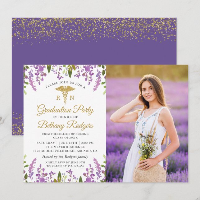 RN Nursing Graduation Gold Purple Floral Photo Invitation (Front/Back)