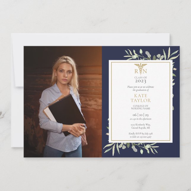 RN Nursing Graduation Navy Blue Foliage Photo Invitation (Front)