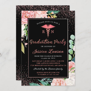 RN Nursing Graduation Party Rose Gold Floral Invitation