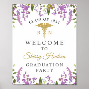 RN Nursing Graduation Purple Floral Welcome Poster