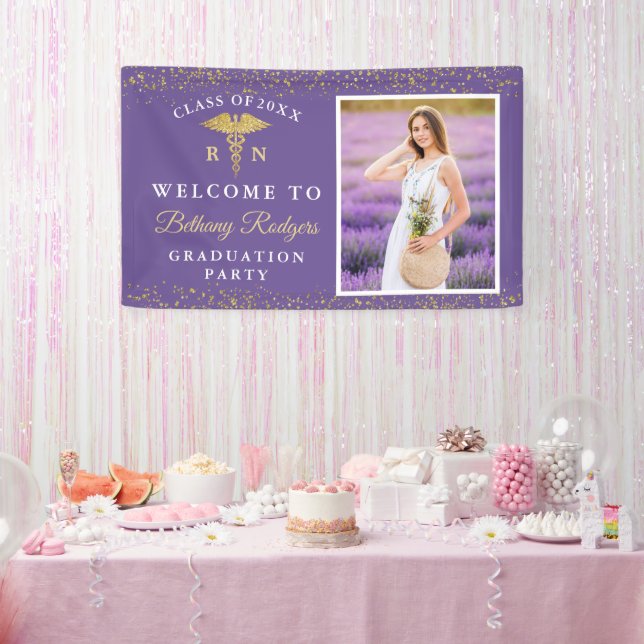 RN Nursing Graduation Purple Gold Glitter Photo Banner (Party)