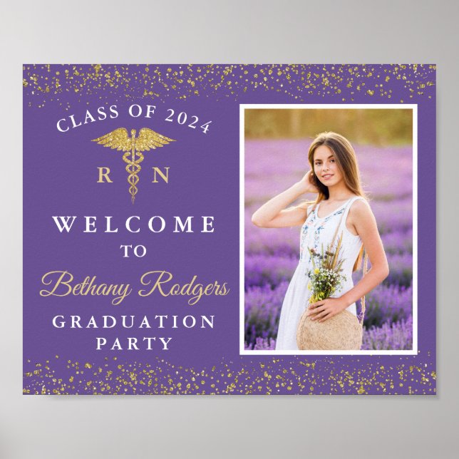 RN Nursing Graduation Purple Gold Glitter Photo Poster (Front)