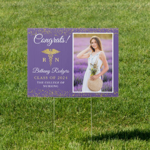 RN Nursing Graduation Purple Gold Photo Yard Garden Sign