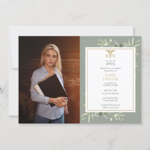 RN Nursing Graduation Sage Green Foliage Photo Inv Invitation
