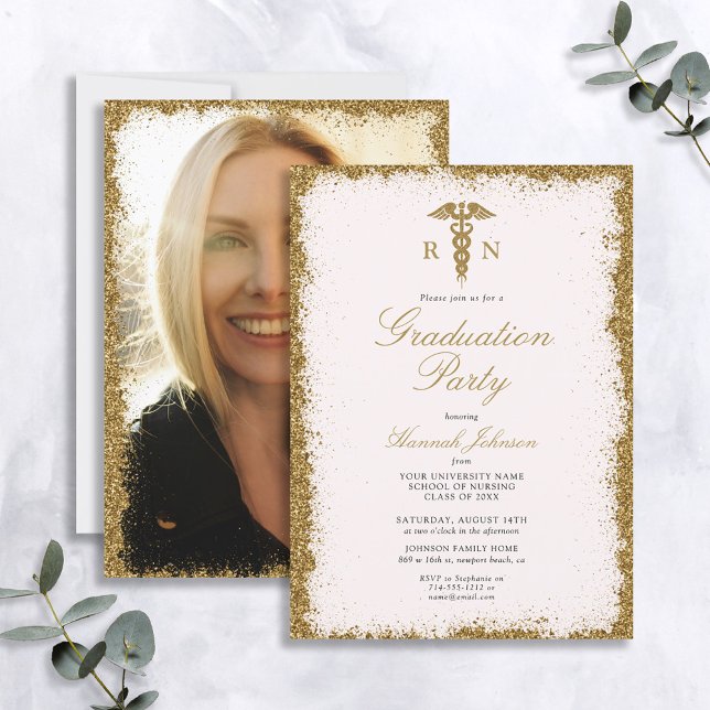 RN Nursing School Gold Glitter Pink Graduation Invitation (Creator Uploaded)