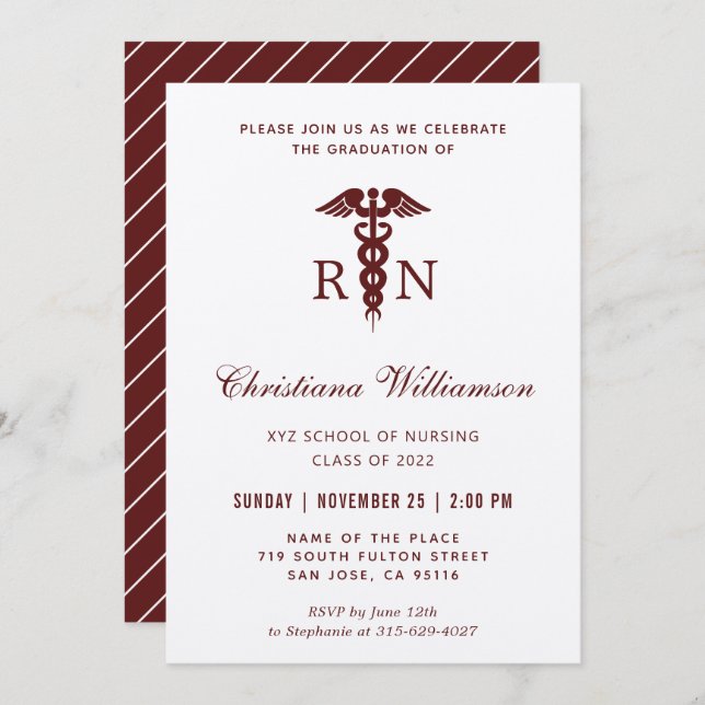 RN Registered Nurse Caduceus Minimalist Graduation Invitation (Front/Back)