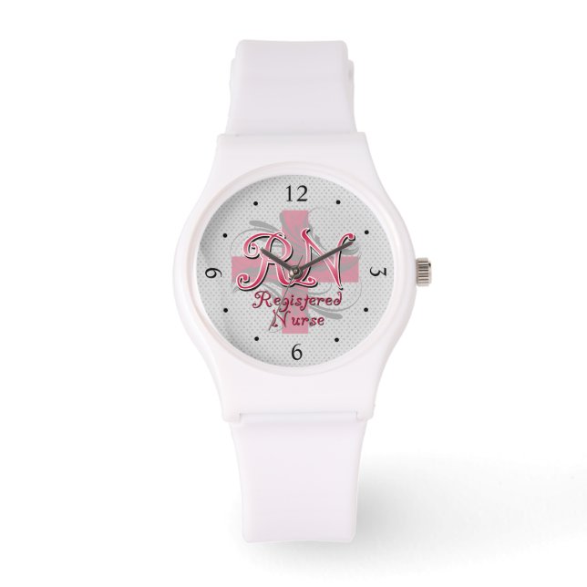 RN Registered Nurse, Pink Cross Swirls Watch (Front)