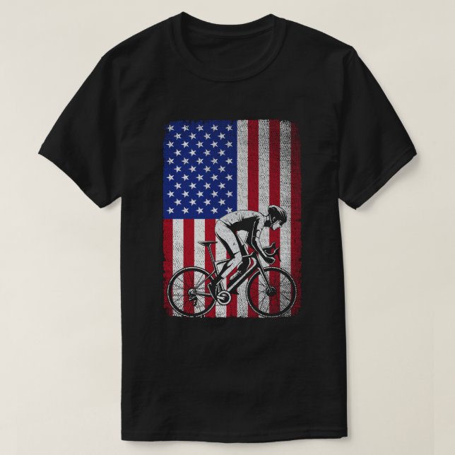 Road Biking Cycling 4th Of July USA American Flag  T-Shirt (Design Front)