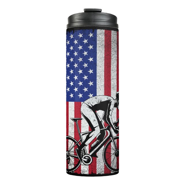 Road Biking Cycling 4th Of July USA American Flag  Thermal Tumbler (Front)