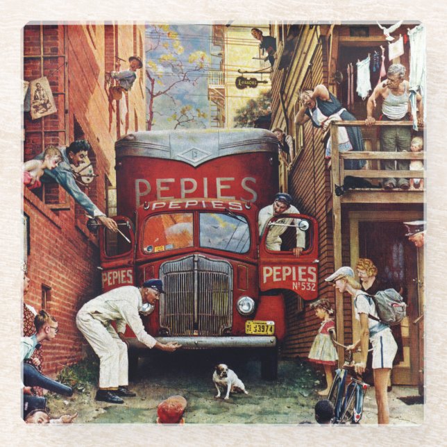 Road Block by Norman Rockwell Glass Coaster (Front)