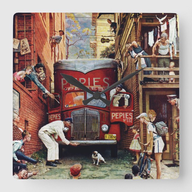 Road Block by Norman Rockwell Square Wall Clock (Front)