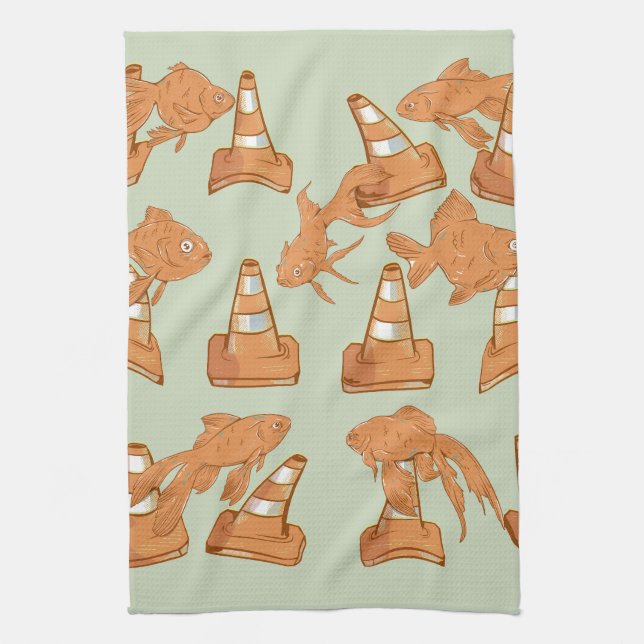 Road Cones and orange goldfish Tea Towel (Vertical)