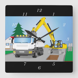 Road construction site with white trucks and yello square wall clock