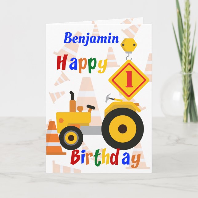 Road Construction Vehicle 1st Birthday Card (Front)