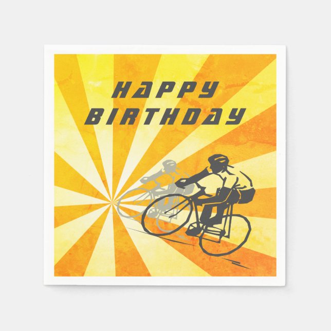 Road Cyclists with Retro Sunburst Bike Birthday Napkin (Front)