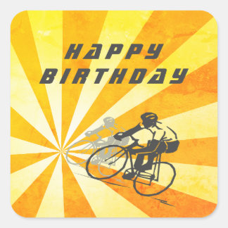 Road Cyclists with Retro Sunburst Bike Birthday Square Sticker