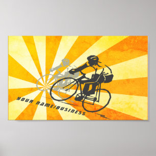 Road Cyclists with Retro Sunburst Biking Business Poster