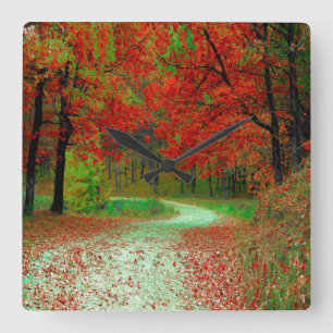 ROAD FOREST TREES BOTANICAL NATURE LANDSCAPE SQUARE WALL CLOCK