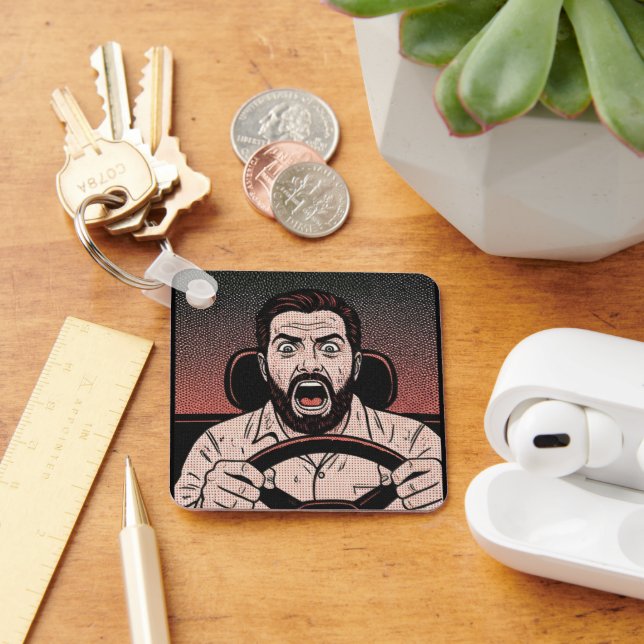 Road Rage Comic – Driver’s Fury Unleashed Key Ring (Desk)