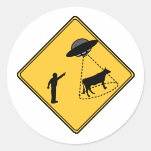 Road Sign- Cow and UFO Classic Round Sticker